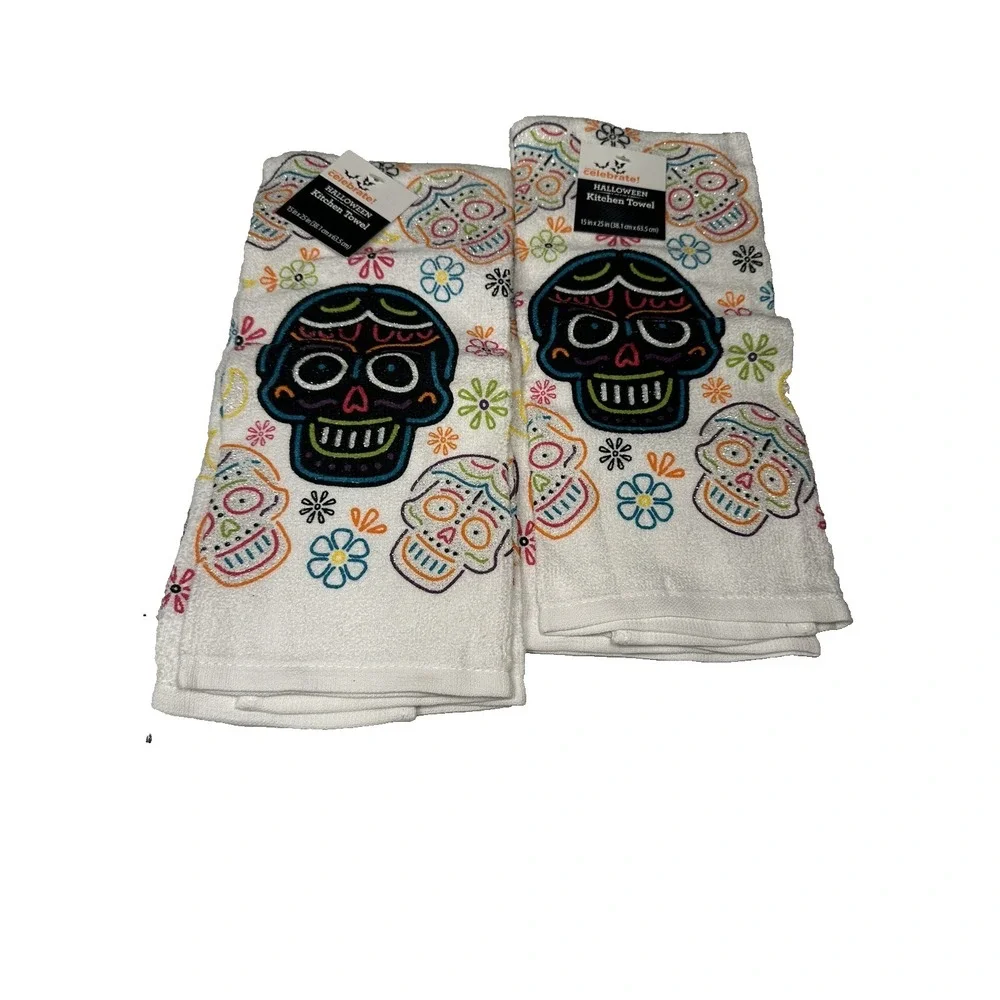 set of 2 kitchen hand towels‎ sugar skulls celebrate halloween 15X25 inch